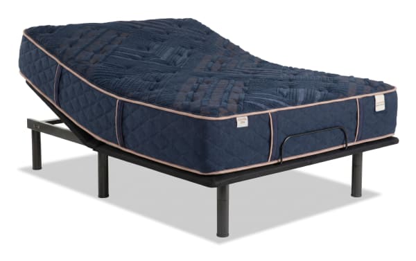 Power Bob Essential adjustable base with Copper Radiance 13" queen firm mattress in navy blue, quilted copper-infused cover, hybrid coil and memory foam design.