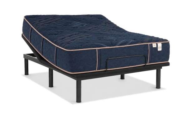 Queen extra firm Power Bob Essential Base bed set with Copper Radiance 13" mattress, navy quilted cover, gel-infused copper layers, and adjustable base