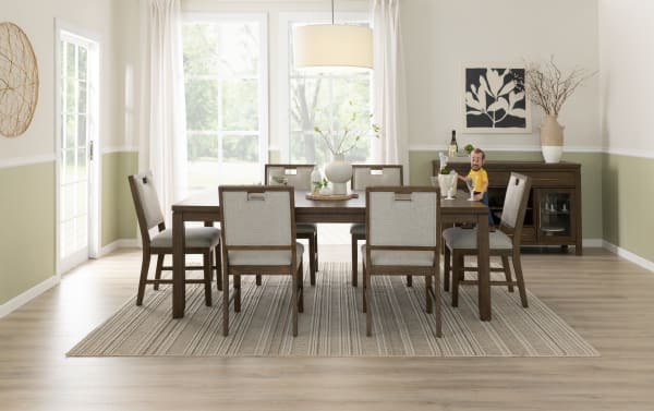 Brookline Brown & White Panel Back Upholstered Dining Chair in white polyester fabric with solid wood frame, transitional style, part of Brookline Dining collection.