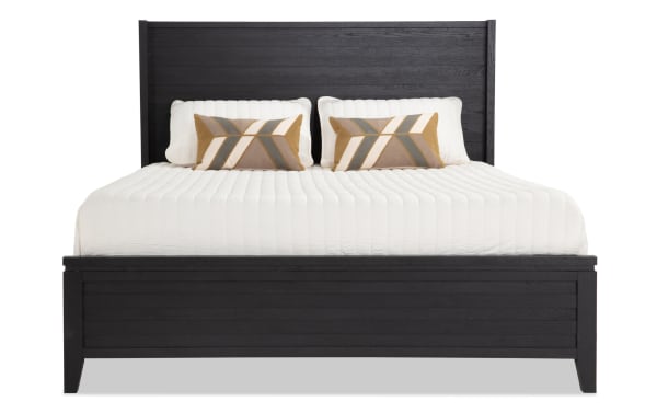 Solitude Full Espresso Platform Bed with contemporary slatted headboard, espresso MDF and engineered wood grain, adjustable height 48-53 inches.
