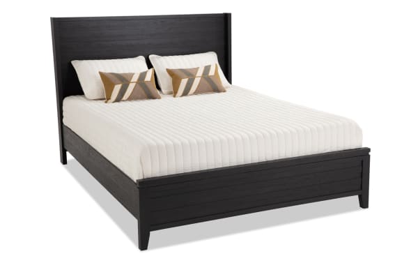 Solitude Full Espresso Platform Bed with contemporary slatted headboard, espresso MDF and engineered wood grain, adjustable height 48-53"