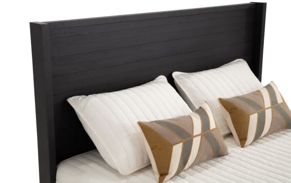 Solitude Full Espresso Platform Bed with contemporary slatted espresso MDF headboard, engineered wood grain, adjustable height legs, and white bedding.