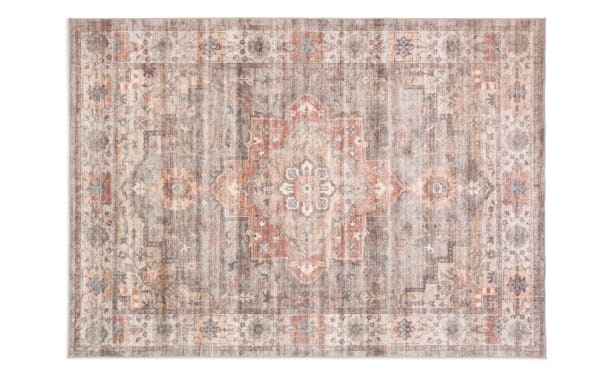 Monarch 5' x 7' Red Oriental Washable Rug with vintage-inspired low pile oriental pattern, red and beige tones, durable polyester fabric, transitional style.