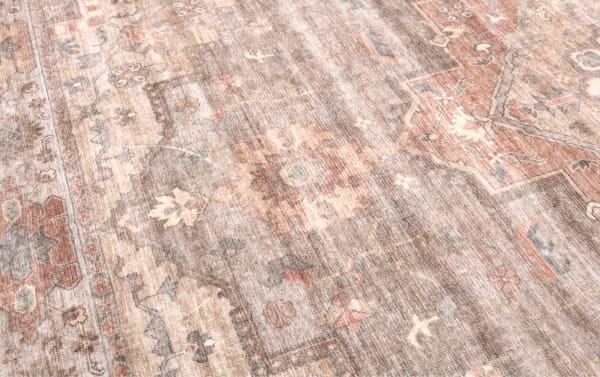 Transitional Monarch 5' x 7' Red Oriental Washable Rug with vintage-inspired pattern, low pile, and durable polyester fabric for easy cleaning.