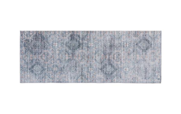 Blue geometric transitional runner rug, 3' x 6', low pile washable polyester fabric, durable for kids and pets, Tidal collection