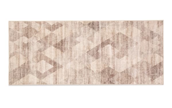Wells 3' x 6' brown abstract washable runner rug with low pile, transitional style, and durable polyester fabric featuring a geometric pattern.