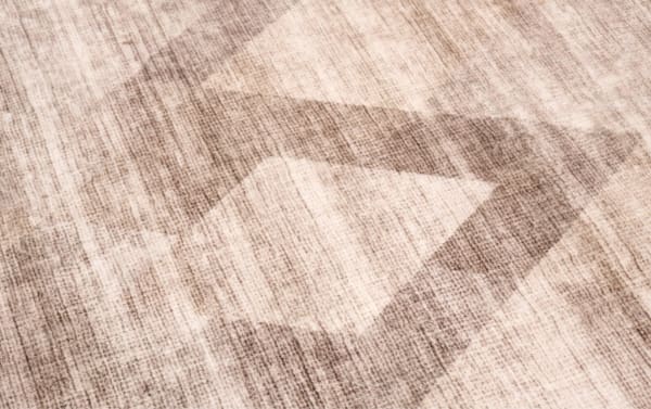 Brown abstract transitional runner rug with low pile, washable polyester fabric, featuring a modern geometric pattern for high-traffic areas.