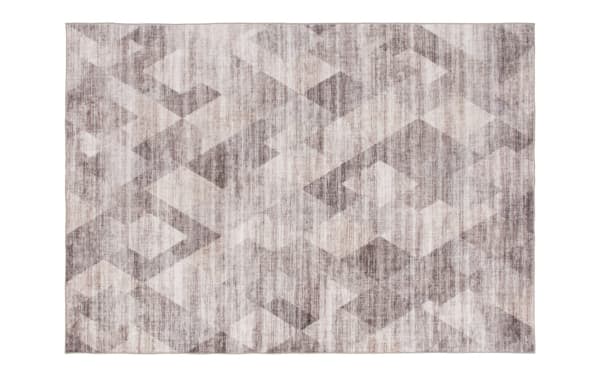 Salem 5' x 7' brown geometric washable rug with low pile, durable polyester fabric, featuring a transitional style pattern ideal for homes with kids and pets.