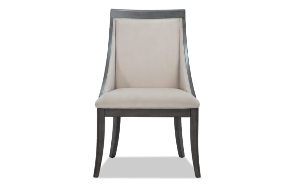 Contemporary Coco II Gray & Beige Solid Back Upholstered Dining Chair with beige polyester fabric, Asian hardwood frame, and nailhead trim accents.