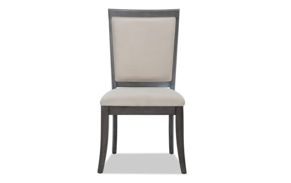 Contemporary Coco II Gray & Beige Panel Back Upholstered Dining Chair with beige polyester fabric and gray Asian hardwood frame.