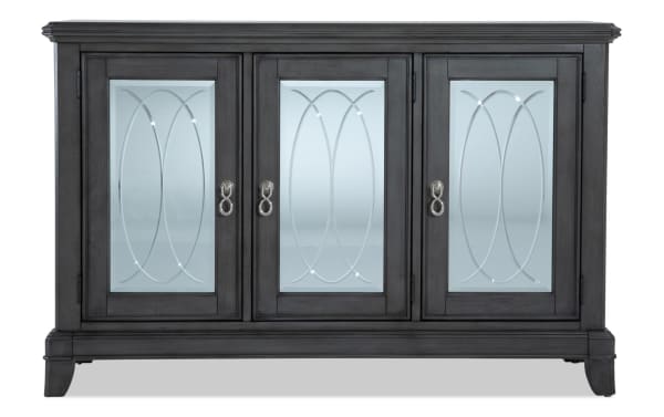 Contemporary Coco II Gray Server with Asian hardwood solids, cherry veneers, three mirrored glass doors with etched design, and silver hardware.