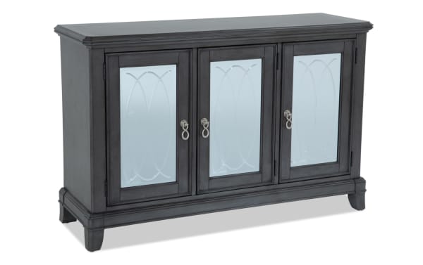 Contemporary Coco II Gray Server with Asian hardwood solids, cherry veneers, and three mirrored glass doors with etched design, silver hardware, and ample storage.