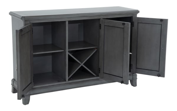 Contemporary Coco II Gray Server with Asian hardwood and cherry veneer construction, featuring open shelving, X wine rack, and mirrored glass doors.