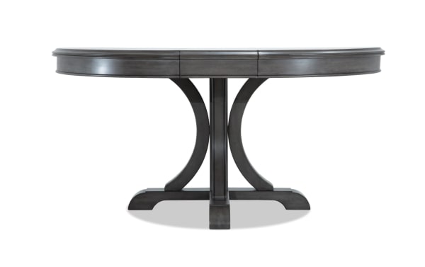 Coco II Gray Oval Extendable Dining Table in contemporary style with Asian hardwood solids and cherry veneers, featuring a curved pedestal base and 12" leaf extension.