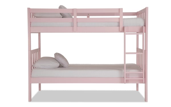 Bailey Twin/Twin Pink Bunk Bed with MDF frame, transitional style, twin mattresses, guardrails, and ladder for space-saving kids’ room setup.