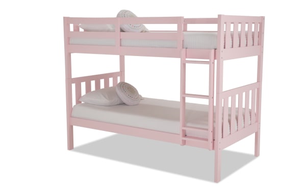 Bailey Twin/Twin Pink Bunk Bed in transitional style, MDF wood frame with ladder, sturdy twin beds, space-saving design for kids or teens.