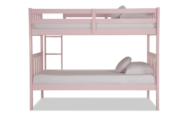 Bailey Twin/Twin Pink Bunk Bed in transitional style with sturdy MDF frame, twin-size beds, integrated ladder, and soft pink finish for kids' rooms.
