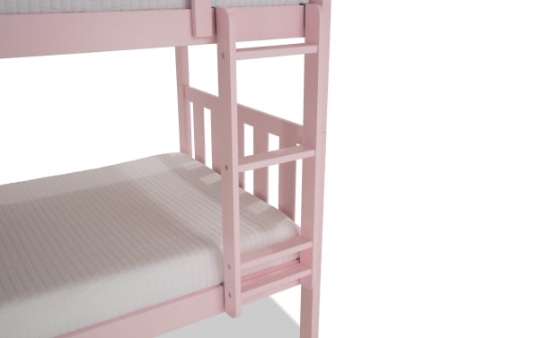 Bailey Twin/Twin Pink Bunk Bed in transitional style, MDF wood, sturdy frame with ladder, designed for kids and teens to save space.
