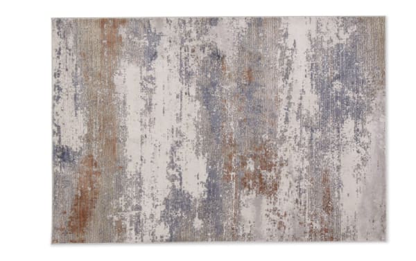Aurora 5' x 7' abstract low pile rug in cream, light gray, beige, and ivory polyester fabric, ideal for high-traffic areas with a modern multicolored design.