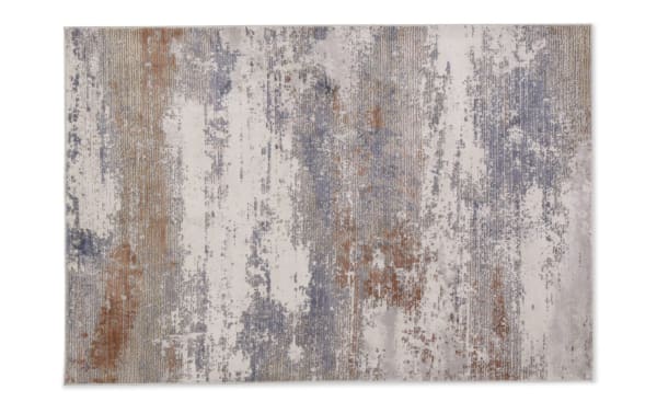 Aurora 8' x 10' abstract rug in cream and light gray with rust accents, low pile polyester fabric, ideal for high-traffic areas.