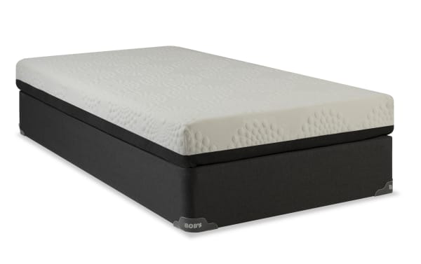 Bob-O-Pedic 6.5'' Twin Firm Standard Mattress Set with gray fabric base and white textured memory foam top, offering durable support and stylish design.