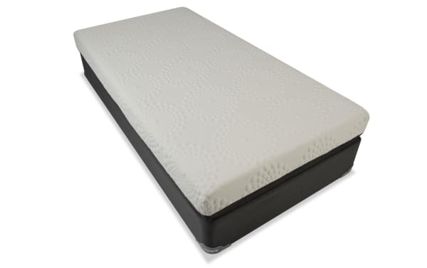 Bob-O-Pedic 6.5'' Twin Firm Standard Mattress Set with gray fabric border, white textured top, layered base foam, and memory foam for firm support and comfort.