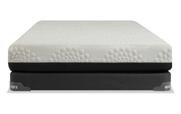 Bob-O-Pedic 6.5'' Twin Firm Low Profile Mattress Set with white quilted memory foam top and gray fabric border, featuring layered base foam for firm support.