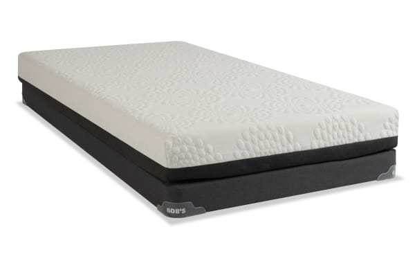Bob-O-Pedic 6.5'' Twin Firm Low Profile Mattress Set with white textured memory foam top and gray fabric base, featuring layered foam support and stylish gray border.