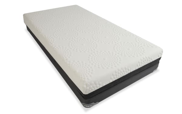 Bob-O-Pedic 6.5'' Twin Firm Low Profile Mattress Set with white quilted top, gray fabric border, and layered memory foam for firm support.