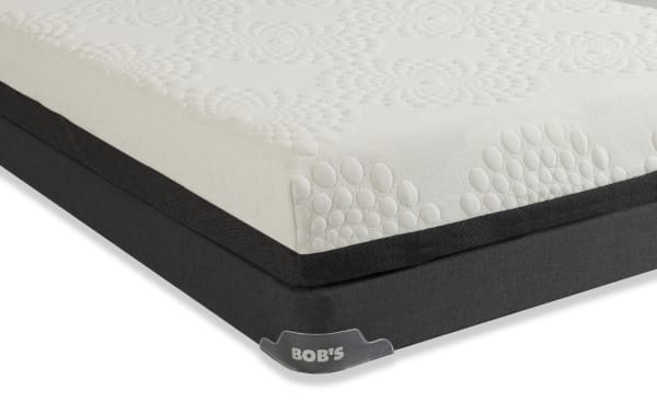 Bob-O-Pedic 6.5'' Twin Firm Low Profile Mattress Set with white textured top, gray fabric border, and layered memory foam for firm support.