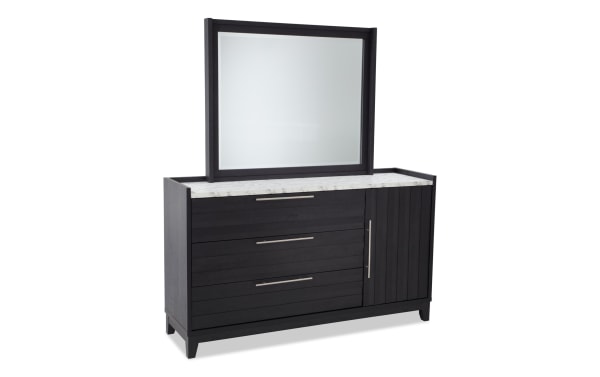 Solitude Espresso 3 Drawer Dresser & Mirror in contemporary style, dark engineered wood grain with faux marble top, metal handles, and adjustable cabinet shelves.