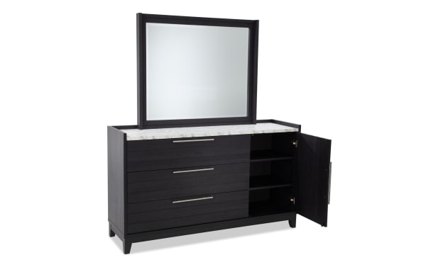 Solitude Espresso 3 Drawer Dresser & Mirror in contemporary style with engineered wood grain, MDF, faux marble top, metal hardware, and adjustable cabinet shelves.