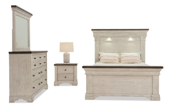 Beaumont 4 Piece King White & Gray Platform Storage Bedroom Set with pine solids, LED-lit headboard, USB ports, traditional style, dresser, nightstand, and king bed.