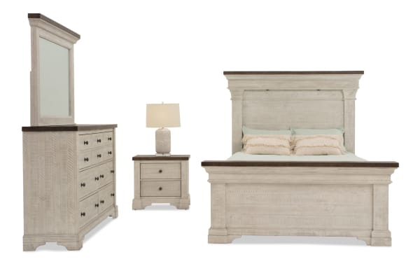 Beaumont 4 Piece King White & Gray Platform Storage Bedroom Set with pine solids, traditional style, built-in LED lights, USB ports, and storage drawers.