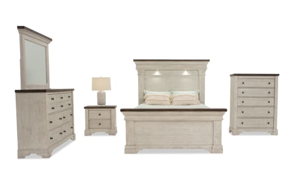 Beaumont 5 Piece Queen White & Gray Platform Storage Bedroom Set with pine solids, built-in LED headboard lights, USB ports, and spacious drawers.