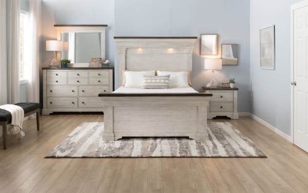 Traditional Beaumont 5 Piece Queen White & Gray Platform Storage Bedroom Set with pine solids, built-in LED headboard lights, USB ports, and spacious drawers