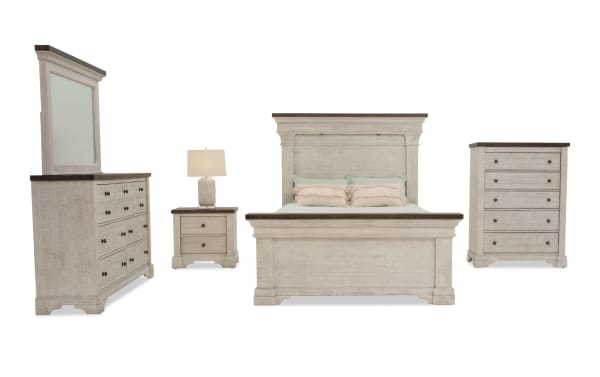 Beaumont 5 Piece Queen White & Gray Platform Bedroom Set with pine solids, traditional style, includes bed with LED-lit headboard, dresser, nightstand, chest, and mirror, featuring built-in USB ports and spacious storage drawers with ball bearing guides.