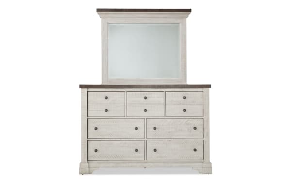 Beaumont 5 Piece Queen white and gray traditional platform storage bedroom set with pine solids, veneer, MDF, featuring a dresser with multiple drawers and a large mirror.