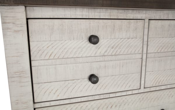 Beaumont White & Gray 7 drawer dresser from Beaumont Bedroom collection, traditional style with pine solids, veneer, MDF, black round knobs, and textured wood grain finish.