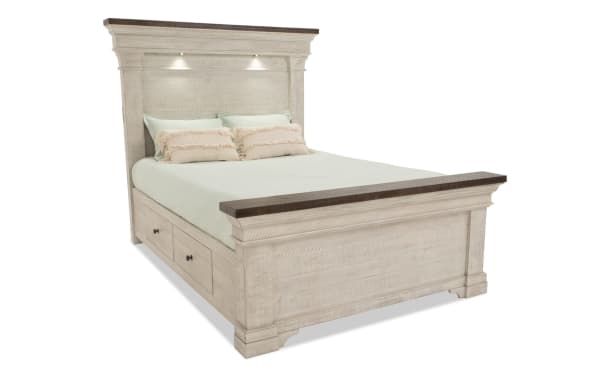 Beaumont Queen White & Gray Platform Storage Bed from Beaumont Bedroom collection, traditional style in pine solids, veneer, MDF. Features built-in LED headboard lights, whitewashed finish with gray accents, and under-bed storage drawers. No foundation needed.