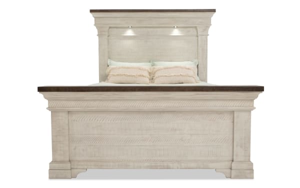 Beaumont Queen White & Gray Platform Storage Bed with traditional style, pine solids, veneer, MDF, built-in LED headboard lights, and under-bed storage drawers.
