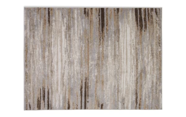 Theo 5' x 7' multicolored striped rug in beige and green polyester fabric with medium pile, ideal for living rooms and bedrooms.