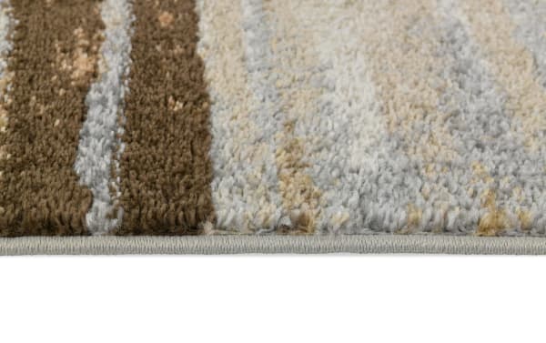 Theo 5' x 7' beige and green striped rug with medium pile polyester fabric, featuring a casual, multicolored striped pattern ideal for living rooms and bedrooms.