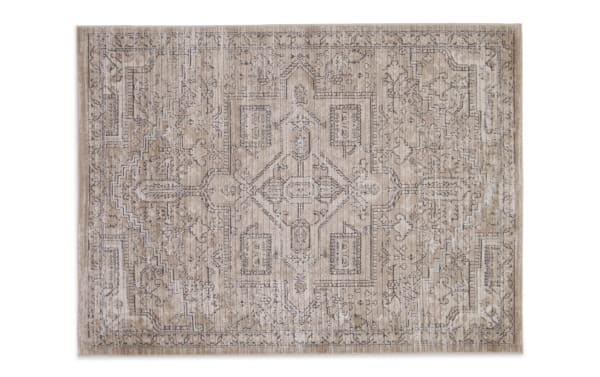Benny 5' x 7' beige and ivory oriental rug with low pile polyester fabric, vintage-inspired geometric pattern, ideal for high-traffic areas.