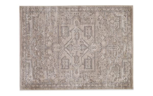 Benny 8' x 10' beige and ivory oriental rug with low pile polyester fabric, vintage-inspired geometric floral pattern, ideal for high-traffic areas.