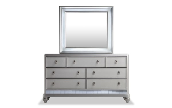 Diva II Platinum 7 Drawer Dresser & Mirror in glam style, hardwood solids and veneers, platinum finish, large LED-lit mirror, felt and cedar lined drawers, decorative hardware.