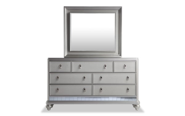 Diva II Platinum 7 Drawer Dresser & Mirror in glam style with hardwood solids, platinum finish, LED-lit large frame mirror, felt-lined jewelry tray, and decorative hardware.
