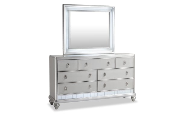 Diva II Platinum 7 Drawer Dresser & Mirror in glam style with platinum finish, hardwood solids, large LED-lit mirror, felt and cedar-lined drawers, and decorative hardware.