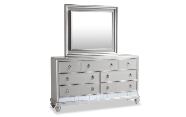 Diva II Platinum 7 Drawer Dresser & Mirror in glam style, hardwood solids and veneers, platinum finish, large LED-lit mirror, felt and cedar-lined drawers, fancy hardware.