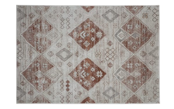 Remy 5' x 7' orange abstract transitional area rug in soft polyester fabric with Earth-tone geometric diamond patterns, ideal for casual, cozy interiors.